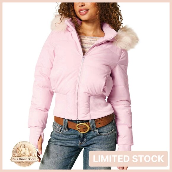 Faux Fur Trim Hooded Quilted Puffer Bomber Jacket Cropped Winter Warm